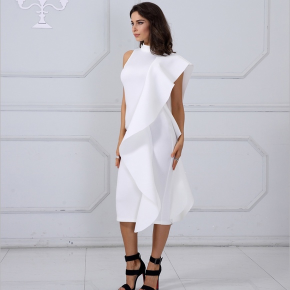 Flounce Detail White Pencil Dress - Picture 2 of 8